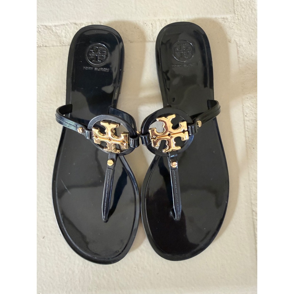 Tory Burch Black Jelly Logo Thong Sandals with Gold Emblem